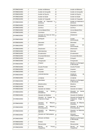 INTERMEDIÁRIO 1 Auxiliar de Biblioteca C Auxiliar de Biblioteca
INTERMEDIÁRIO 1 Auxiliar de Cenografia B Auxiliar de Cenografia
INTERMEDIÁRIO 1 Auxiliar de Figurino B Auxiliar de Figurino
INTERMEDIÁRIO 1 Auxiliar de Saúde C Auxiliar de Saúde
INTERMEDIÁRIO 1 Auxiliar de Topografia C Auxiliar de Topografia
INTERMEDIÁRIO 1
Auxiliar de Veterinária e
Zootecnia
C
Auxiliar de Veterinária e
Zootecnia
INTERMEDIÁRIO 1 Bombeiro C Brigadista de Incêndio
INTERMEDIÁRIO 1 Contínuo C Contínuo
INTERMEDIÁRIO 1 Contra-Mestre/Ofício C Contra-Mestre/Ofício
INTERMEDIÁRIO 1 Cozinheiro C Cozinheiro
INTERMEDIÁRIO 1
Curvador de Tubos de Vidro
(Hialotécnico)
C
Hialotécnico
INTERMEDIÁRIO 1 Datilógrafo C Auxiliar em
Administração
INTERMEDIÁRIO 1 Detonador C Detonador
INTERMEDIÁRIO 1
Digitador
C
Auxiliar em
Administração
INTERMEDIÁRIO 1 Discotecário C Discotecário
INTERMEDIÁRIO 1 Eletricista/área C Eletricista
INTERMEDIÁRIO 1 Encadernador C Encadernador
INTERMEDIÁRIO 1 Encanador/Bombeiro C Encanador/Bombeiro
INTERMEDIÁRIO 1 Fotógrafo C Fotógrafo
INTERMEDIÁRIO 1 Fotogravador C Fotogravador
INTERMEDIÁRIO 1
Fresador
C
Mecânico de Montagem
e Manutenção
INTERMEDIÁRIO 1 Guarda Florestal C Guarda Florestal
INTERMEDIÁRIO 1 Impositor C Impositor
INTERMEDIÁRIO 1 Impressor C Impressor
INTERMEDIÁRIO 1
Laboratorista/área
C
Assistente de
Laboratório
INTERMEDIÁRIO 1 Linotipista C Linotipista
INTERMEDIÁRIO 1
Mandrilador
C
Mecânico de Montagem
e Manutenção
INTERMEDIÁRIO 1 Mecânico/área C Mecânico
INTERMEDIÁRIO 1 Motorista C Motorista
INTERMEDIÁRIO 1 Operador de Caldeira C Operador de Caldeira
INTERMEDIÁRIO 1
Operador de Central
Hidroelétrica
C
Operador de Central
Hidroelétrica
INTERMEDIÁRIO 1 Operador de Destilaria C Operador de Destilaria
INTERMEDIÁRIO 1
Operador de Estação de
Tratamento D’água C
Operador de Estação de
Tratamento D’água e
Esgoto
INTERMEDIÁRIO 1
Operador de Máquina
Copiadora
C
Operador de Máquina
Copiadora
INTERMEDIÁRIO 1 Operador de Máquina
Fotocompositora
C Operador de Máquina
Fotocompositora
INTERMEDIÁRIO 1
Operador de Máquinas
Agrícolas
C
Operador de Máquinas
Agrícolas
INTERMEDIÁRIO 1
Operador de Teleimpressora
B
Operador de
Teleimpressora
INTERMEDIÁRIO 1
Plainador de Metais
C
Mecânico de Montagem
e Manutenção
INTERMEDIÁRIO 1 Porteiro C Porteiro
INTERMEDIÁRIO 1 Recepcionista C Recepcionista
INTERMEDIÁRIO 1
Revisor de Provas
Tipográficas
C
Revisor de Provas
Tipográficas
 