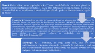 Meta 4: Universalizar, para a população de 4 a 17 anos com deficiência, transtornos globais do
desenvolvimento (categoria que inclui o TEA) e altas habilidades ou superdotação, o acesso à
educação básica e ao atendimento educacional especializado, preferencialmente na rede regular
de ensino.
Estratégia 4.1: contabilizar, para fins do repasse do Fundo de Manutenção e Desenvolvimento da
Educação Básica e de Valorização dos Profissionais da Educação - FUNDEB, as matrículas dos (as)
estudantes da educação regular da rede pública que recebam atendimento educacional especializado
complementar e suplementar, sem prejuízo do cômputo dessas matrículas na educação básica regular,
e as matrículas efetivadas, conforme o censo escolar mais atualizado, na educação especial oferecida
em instituições comunitárias, confessionais ou filantrópicas sem fins lucrativos, conveniadas com o
poder público e com atuação exclusiva na modalidade, nos termos da
Lei nº 11.494, de 20 de junho de 2007 ;
Estratégia 4.3: implantar, ao longo deste PNE, salas de recurs
multifuncionais e fomentar a formação continuada de professores e professor
para o atendimento educacional especializado nas escolas urbanas, do camp
indígenas e de comunidades quilombolas;
 