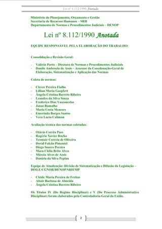 Lei nº 8.112/1990 Anotada
Ministério do Planejamento, Orçamento e Gestão
Secretaria de Recursos Humanos – SRH
Departamento de Normas e Procedimentos Judiciais – DENOP

Lei nº 8.112/1990 Anotada
EQUIPE RESPONSÁVEL PELA ELABORAÇÃO DO TRABALHO:
Consolidação e Revisão Geral:
-

Valéria Porto – Diretora de Normas e Procedimentos Judiciais
Danilo Ambrozio de Assis – Assessor da Coordenação-Geral de
Elaboração, Sistematização e Aplicação das Normas

Coleta de normas:
-

Clever Pereira Fialho
Lillian Maria Goepfert
Ângela Cristina Barreto Ribeiro
Leandro da Silva Souza
Frederico Dias Vasconcelos
Jonas Ramalho
Maria Costa Meneses
Emeríuda Borges Santos
Vera Lucia Caliman

Avaliação técnica das normas coletadas:
-

Otávio Corrêa Paes
Rogério Xavier Rocha
Teomair Correia de Oliveira
David Falcão Pimentel
Diego Soares Pereira
Mara Clélia Brito Alves
Márcia Alves de Assis
Daniela da Silva Peplau

Equipe de Atualização: Divisão de Sistematização e Difusão da Legislação –
DISLE/CGNOR/DENOP/SRH/MP
-

Cleide Maria Pereira de Freitas
Altair Barbosa de Almeida
Ângela Cristina Barreto Ribeiro

Os Títulos IV (Do Regime Disciplinar) e V (Do Processo Administrativo
Disciplinar) foram elaborados pela Controladoria-Geral da União.

2

 