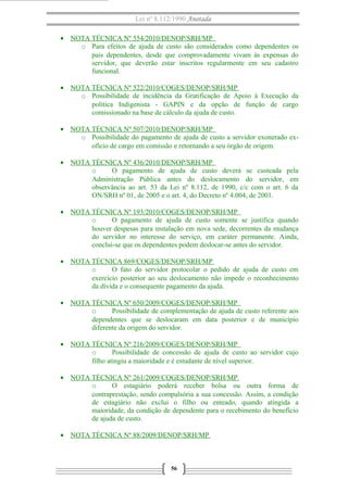 Lei nº 8.112/1990 Anotada
• NOTA TÉCNICA Nº 554/2010/DENOP/SRH/MP
o Para efeitos de ajuda de custo são considerados como dependentes os
pais dependentes, desde que comprovadamente vivam às expensas do
servidor, que deverão estar inscritos regularmente em seu cadastro
funcional.
• NOTA TÉCNICA Nº 522/2010/COGES/DENOP/SRH/MP
o Possibilidade de incidência da Gratificação de Apoio à Execução da
política Indigenista - GAPIN e da opção de função de cargo
comissionado na base de cálculo da ajuda de custo.
• NOTA TÉCNICA Nº 507/2010/DENOP/SRH/MP
o Possibilidade do pagamento de ajuda de custo a servidor exonerado exofício de cargo em comissão e retornando a seu órgão de origem.
• NOTA TÉCNICA Nº 436/2010/DENOP/SRH/MP
o
O pagamento de ajuda de custo deverá se custeada pela
Administração Pública antes do deslocamento do servidor, em
observância ao art. 53 da Lei nº 8.112, de 1990, c/c com o art. 6 da
ON/SRH nº 01, de 2005 e o art. 4, do Decreto nº 4.004, de 2001.
• NOTA TÉCNICA Nº 193/2010/COGES/DENOP/SRH/MP
o
O pagamento de ajuda de custo somente se justifica quando
houver despesas para instalação em nova sede, decorrentes da mudança
do servidor no interesse do serviço, em caráter permanente. Ainda,
conclui-se que os dependentes podem deslocar-se antes do servidor.
• NOTA TÉCNICA 869/COGES/DENOP/SRH/MP
o
O fato do servidor protocolar o pedido de ajuda de custo em
exercício posterior ao seu deslocamento não impede o reconhecimento
da dívida e o consequente pagamento da ajuda.
• NOTA TÉCNICA Nº 650/2009/COGES/DENOP/SRH/MP
o
Possibilidade de complementação de ajuda de custo referente aos
dependentes que se deslocaram em data posterior e de município
diferente da origem do servidor.
• NOTA TÉCNICA Nº 216/2009/COGES/DENOP/SRH/MP
o
Possibilidade de concessão de ajuda de custo ao servidor cujo
filho atingiu a maioridade e é estudante de nível superior.
• NOTA TÉCNICA Nº 261/2009/COGES/DENOP/SRH/MP
o
O estagiário poderá receber bolsa ou outra forma de
contraprestação, sendo compulsória a sua concessão. Assim, a condição
de estagiário não exclui o filho ou enteado, quando atingida a
maioridade, da condição de dependente para o recebimento do benefício
de ajuda de custo.
• NOTA TÉCNICA Nº 88/2009/DENOP/SRH/MP

56

 