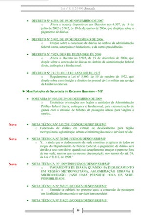 Lei nº 8.112/1990 Anotada

• DECRETO Nº 6.258, DE 19 DE NOVEMBRO DE 2007
o
Altera e acresce dispositivos aos Decretos nos 4.307, de 18 de
julho de 2002 e 5.992, de 19 de dezembro de 2006, que dispõem sobre o
pagamento de diárias.
• DECRETO Nº 5.992, DE 19 DE DEZEMBRO DE 2006
o
Dispõe sobre a concessão de diárias no âmbito da administração
federal direta, autárquica e fundacional, e dá outras providências.
• DECRETO Nº 7.028, DE 9 DE DEZEMBRO DE 2009
o
Altera o Decreto no 5.992, de 19 de dezembro de 2006, que
dispõe sobre a concessão de diárias no âmbito da administração federal
direta, autárquica e fundacional.
• DECRETO Nº 71.733, DE 18 DE JANEIRO DE 1973
o
Regulamenta a Lei nº 5.809, de 10 de outubro de 1972, que
dispõe sobre a retribuição e direitos do pessoal civil e militar em serviço
da União no exterior.
► Manifestações da Secretaria de Recursos Humanos – MP
• PORTARIA Nº 505, DE 29 DE DEZEMBRO DE 2009
o
Estabelece orientações aos órgãos e entidades da Administração
Pública federal direta, autárquica e fundacional, para racionalização de
gastos com a emissão de bilhetes de passagens aéreas para viagens a
serviço.

Novo

• NOTA TÉCNICANº 337/2011/CGNOR/DENOP SRH/MP
o Concessão de diárias em virtude de deslocamento para região
metropolitana, aglomeração urbana e microrregião onde o servidor reside.

Novo

• NOTA TÉCNICA Nº 70/2011/CGNOR/DENOP/SRH/MP
o "(…) ainda que o deslocamento da sede constitua exigência de todos os
cargos do Departamento de Polícia Federal, o pagamento de diárias será
devido a seus servidores quando tal descolamento ensejar o pernoite fora
de sua sede, mesmo que na mesma circunscrição, nos termos do art. 58,
da Lei nº 8.112, de 1990.”

Novo

• NOTA TÉCNICA Nº 1009/2010/CGNOR/DENOP/SRH/MP
o
PAGAMENTO DE DIÁRIA QUANDO HÁ DESLOCAMENTO
EM REGIÃO METROPOLITANA, AGLOMERAÇÃO URBANA E
MICRORREGIÃO, CASO HAJA PERNOITE FORA DA SEDE.
POSSIBILIDADE.
• NOTA TÉCNICA Nº 562/2010/COGES/DENOP/SRH/MP
o
Entende-se cabível, no presente caso, a concessão de passagem
em localidade diversa onde o servidor tem exercício.
• NOTA TÉCNICA Nº 518/2010/COGES/DENOP/SRH/MP
59

 