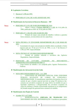 Lei nº 8.112/1990 Anotada
► Legislações Correlatas
• Decreto nº 1.590, de 1995.
• PORTARIA Nº 2.561, DE 16 DE AGOSTO DE 1995.
► Manifestações da Secretaria de Recursos Humanos – MP
• PORTARIA Nº 3.353, DE 20 DE DEZEMBRO DE 2010
o Altera o Anexo à Portaria SRH/MP nº 1.100, de 6 de julho de
2006, publicada no DOU de 10 de julho de 2006.
• PORTARIA Nº 1.100, DE 6 DE JULHO DE 2006
o Relação de cargos cuja jornada de trabalho é inferior a quarenta
horas semanais, em decorrência de leis específicas.
• NOTA TÉCNICA Nº 225/CGNOR/ DENOP/SRH/MP, DE 12 DE MAIO DE
2011
o Acumulação de cargos com jornada de trabalho diária excedendo o limite
imposto pelo art. 19 da Lei nº 8.112, de 1990, e o art. 1º do Decreto nº
1.590, de 1995. Impossibilidade.
• NOTA TÉCNICA Nº 129/2009/COGES/DENOP/SRH/MP
o Jornada de trabalho reduzida a servidores das Agências
Reguladoras. Impossibilidade.
• DESPACHO DE 21/07/2008, EXARADO NO DOCUMENTO
ADMINISTRATIVO 04500.005500/2008-13
o Carga horária de trabalho a ser cumprida pelos Agentes Penitenciários
Federais.
► Manifestações da Advocacia-Geral da União
• NOTA/MP/CONJUR/SMM/Nº 0231 - 3.4 / 2009
o CONCESSÃO DE HORÁRIO ESPECIAL PARA SERVIDOR
PÚBLICO OCUPANTE DE CARGO DE CONFIANÇA.
IMPOSSIBILIDADE. O entendimento majoritário da doutrina faz-se no
sentido de que o horário especial previsto no artigo 98 destina-se tão-
somente aos servidores ocupantes de cargo efetivo na medida em que o
legislador estabeleceu a obrigatoriedade dos servidores ocupantes de
cargo de confiança e função comissionada sujeitarem-se ao cumprimento
de jornada integral de quarenta horas semanais de trabalho.
► Manifestações dos Órgãos de Controle
• Acórdão TCU 1677/2005
o REPRESENTAÇÃO. JORNADA DE TRABALHO DOS
SERVIDORES DO INSS. DETERMINAÇÃO. Considera-se procedente
13
Novo
Novo
 