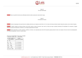 Seção IV
Da Impermeabilização
Todas as superfícies externas das edificações deverão receber acabamento impermeável à água.
Seção V
Da Isolamento Acústico
Os pisos de separação entre pavimentos de unidades autônomas com espessura total inferior a 0,12 cm (doze centímetros) deverão receber tratamento acústico contra ruídos de impacto.
É vedada a ligação por aberturas diretas, entre locais ruidosos e áreas de escritório, lazer, estar ou locais que exijam condições ambientais de tranqüilidade. Se necessária, a ligação
deverá ser através de antecâmaras, vestíbulos ou circulações adequadamente tratadas.
Recintos destinados a reuniões, palestras, auditórios e similares, com capacidade para mais de 60 (sessenta) pessoas deverão manter uma relação mínima de volume da sala/espectador,
em função da capacidade, conforme o quadro abaixo:
CÁLCULO DA CAPACIDADE DE UMA SALA SEGUNDO
A RELAÇÃO VOLUME SALA / ESPECTADOR
___________________________________
|RELAÇÃO NÚMERO DE| VOLUME |
| ESPECTADORES |SALA/ESPECTADORES|
|=================|=================|
|0 - 60 |- |
|-----------------|-----------------|
|60 - 150 |3,5 m³/pessoa |
|-----------------|-----------------|
|150 - 500 |4,0 m³/pessoa |
|-----------------|-----------------|
|500 - 1000 |5,0 m³/pessoa |
|-----------------|-----------------|
|1000 - 2000 |7,0 m³/pessoa |
|-----------------|-----------------|
|Acima de 2000 |8,0 m³/pessoa |
|_________________|_________________|
Art. 172.
Art. 173.
Art. 174.
Art. 175.
42/82
LeisMunicipais.com.br - Lei Complementar 136/2011 (http://leismunicipa.is/hejan) - 15/09/2023 10:51:12
 