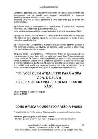 www.brasilpnl.com.br
www.brasilpnl.com.br – A PNL ao seu alcance.
O mais completo site de PNL e EFT do Brasil
Para mais artigos, cursos e auxiliares grátis sobre a Lei da atração visite-nos.
18
Embora só podemos apreender conscientemente uma pequena quantidade das
informações que o mundo nos oferece, percebemos e reagimos
inconscientemente a muitas outras coisas.
Segundo um ponto de vista, apreender é uma habilidade que se divide em
quatro estágios:
1) Primeira Parte – Incompetência – Inconsciente: É quando não sabemos
fazer algo, e não sabemos que não sabemos. Ex:
Uma pessoa que nunca dirigiu um carro não tem a mínima idéia do que fazer.
2) Segunda Parte – Incompetência – Consciente: É quando descobrimos que
não sabemos fazer algo.Ex: Quando se começa a aprender a dirigir e logo
descobre suas limitações.
3) Terceira Parte – Competência - Consciente: É quando se aprende o básico e
nos sentimos aliviados. Ex: Quando se aprende, pode-se dirigir o carro, mas
precisamos de muita concentração.
4) Quarta Parte – Competência – Inconsciente: Todos os pequenos padrões
que aprendemos com tanto esforço juntam-se numa harmônica unidade de
comportamento. Ex: Quando a pessoa pode dirigir, ouvindo radio, conversando,
vendo a paisagem. Nossa mente consciente estabelece o objetivo e deixa que
a mente inconsciente cuide dele, liberando a atenção para outras coisas, isso
é o habito, uma tarefa que devemos adquirir com a lei da atenção, criar o
habito de usá-la sempre e não só quando se precisa de algo especifico.
“Foi VOCÊ quem atraiu isso para a sua
vida, e é sua a
escolha de agarrar e utilizar isso ou
não”.
Edgar Andrade & Márcia Rodrigues
Jimmy L. Mello
COMO APLICAR O SEGREDO PASSO A PASSO
A atração se dá através das imagens do pensamento e pensamentos tornam-se coisas.
Pensar no que quer, para si, com toda a clareza.
- Decida o que quer e escreva num pedaço de papel, no presente do indicativo.
 