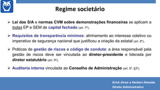 Regime societário
 Lei das S/A e normas CVM sobre demonstrações financeiras se aplicam a
todas EP e SEM de capital fechado (art. 7º).
 Requisitos de transparência mínimos: alinhamento ao interesse coletivo ou
imperativo de segurança nacional que justificou a criação da estatal (art. 8º).
 Práticas de gestão de riscos e código de conduta: a área responsável pela
gestão de riscos deve ser vinculada ao diretor-presidente e liderada por
diretor estatutário (art. 9º).
 Auditoria interna vinculada ao Conselho de Administração (art. 9º, §3º).
Erick Alves e Herbert Almeida
Direito Administrativo
 