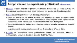Tempo mínimo de experiência profissional (alternativas)
 10 anos, no setor público ou privado, na área de atuação da EP ou da SEM ou em
área conexa àquela para a qual forem indicados em função de direção superior;
 4 anos ocupando pelo menos um dos seguintes cargos:
 cargo de direção ou de chefia superior em empresa de porte ou objeto social
semelhante ao da EP ou da SEM, entendendo-se como cargo de chefia superior aquele
situado nos 2 níveis hierárquicos não estatutários mais altos da empresa;
 cargo em comissão ou função de confiança equivalente a DAS-4 ou superior, no setor
público;
 cargo de docente ou de pesquisador em áreas de atuação da EP ou da SEM;
 4 anos de experiência como profissional liberal em atividade direta ou
indiretamente vinculada à área de atuação da EP ou SEM.
Erick Alves e Herbert Almeida
Direito Administrativo
 