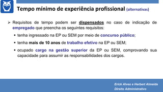 Tempo mínimo de experiência profissional (alternativas)
 Requisitos de tempo podem ser dispensados no caso de indicação de
empregado que preencha os seguintes requisitos:
 tenha ingressado na EP ou SEM por meio de concurso público;
 tenha mais de 10 anos de trabalho efetivo na EP ou SEM;
 ocupado cargo na gestão superior da EP ou SEM, comprovando sua
capacidade para assumir as responsabilidades dos cargos.
Erick Alves e Herbert Almeida
Direito Administrativo
 