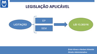 LICITAÇÃO
EP
SEM
LEI 13.303/16
LEGISLAÇÃO APLICÁVEL
Erick Alves e Herbert Almeida
Direito Administrativo
 