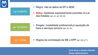 Lei 8.666/93
 Regra: não se aplica às EP e SEM;
 Salvo: hipóteses expressamente previstas na Lei
das Estatais (art. 41; art. 55, III)
Lei 10.520/02
 Pregão: modalidade preferencial p/ aquisição de
bens e serviços comuns (art. 32, IV)
LC 123/06  Regras de contratação de ME e EPP (art. 28, § 1º)
Erick Alves e Herbert Almeida
Direito Administrativo
 
