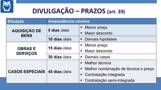 DIVULGAÇÃO – PRAZOS (art. 39)
Situação Antecedência mínima
AQUISIÇÃO DE
BENS
5 dias úteis
 Menor preço
 Maior desconto
10 dias úteis  Demais hipóteses
OBRAS E
SERVIÇOS
15 dias úteis
 Menor preço
 Maior desconto
30 dias úteis  Demais casos
CASOS ESPECIAIS 45 dias úteis
 Melhor técnica
 Melhor combinação de técnica e preço
 Contratação integrada
 Contratação semi-integrada
 