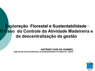 Exploração  Florestal e Sustentabilidade  O Caso  do Controle da Atividade Madeireira e da descentralização da gestão ANTÕNIO CARLOS HUMMEL DIRETOR DE USO SUSTENTÁVEL DA BIODIVERSIDADE E FLORESTAS - DBFLO 