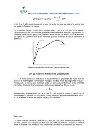 FACULDADE DE ENGENHARIA E INOVAÇÃO TÉCNICO PROFISSIONAL FEITEP 
onde Ao e Af são respectivamente, a área da seção transversal original e a área final 
da seção onde ocorre a fratura. 
Os materiais frágeis, como ferro fundido, vidro, pedra e concreto entre outros, 
caracterizam-se por uma ruptura que ocorre sem nenhuma alteração significativa no 
modo de deformação. Não existe diferença entre o valor da tensão última e a tensão 
de ruptura e a deformação é muito menor do que nos materiais dúcteis e não ocorre a 
estricção. 
Diagrama tensãodeformação para material frágil e dúctil. 
Lei de Hooke e módulo de Elasticidade 
A maior parte das estruturas e equipamentos é projetada de modo que as 
tensões e deformações permaneçam na região elástica inicial do diagramas versus e. 
Nesta parte, a maioria dos materiais exibe um comportamento linear, onde a tensão 
normal s é diretamente proporcional à deformação específica .Desse modo: 
σ = E×ε 
Esta equação é denominada Lei de Hooke. O coeficiente E é chamado de módulo de 
elasticidade do material, ou módulo de Young, expresso geralmente em GPa ou MPa. 
A Lei de Hooke é válida até o limite de proporcionalidade. 
Exercícios 
01. Duas marcas são feitas distantes 300 mm, em uma barra sólida com diâmetro de 
22 mm. Quando uma carga axial de tração de 70 kN foi aplicada, a distância medida 
entre as marcas é de 300,6175 mm. Determine o módulo de elasticidade do material. 
 