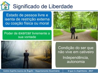 Centro Espírita Joanna de Ângelis – Departamento Doutrinário O que é o Espiritismo - 2017
Condição do ser que
não vive em cativeiro
Independência,
autonomia
Significado de Liberdade
Estado de pessoa livre e
isenta de restrição externa
ou coação física ou moral
Poder de exercer livremente a
sua vontade
 