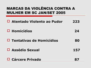 MARCAS DA VIOLÊNCIA CONTRA A
MULHER EM SC JAN/SET 2005

 Atentado Violento ao Pudor   223

 Homicídios                   24

 Tentativas de Homicídios     80

 Assédio Sexual               157

 Cárcere Privado              87
 