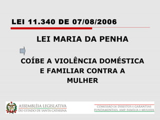 LEI 11.340 DE 07/08/2006

     LEI MARIA DA PENHA

  COÍBE A VIOLÊNCIA DOMÉSTICA
      E FAMILIAR CONTRA A
             MULHER
 