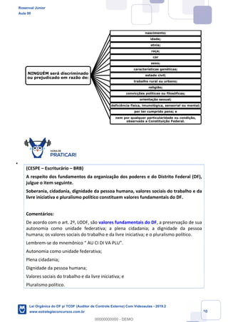 Prof. Rosenval Júnior
Aula 00
10
(CESPE – Escriturário – BRB)
A respeito dos fundamentos da organização dos poderes e do Distrito Federal (DF),
julgue o item seguinte.
Soberania, cidadania, dignidade da pessoa humana, valores sociais do trabalho e da
livre iniciativa e pluralismo político constituem valores fundamentais do DF.
Comentários:
De acordo com o art. 2º, LODF, são valores fundamentais do DF, a preservação de sua
autonomia como unidade federativa; a plena cidadania; a dignidade da pessoa
humana; os valores sociais do trabalho e da livre iniciativa; e o pluralismo político.
Lembrem-se do mnemônico “ AU CI DI VA PLU”.
Autonomia como unidade federativa;
Plena cidadania;
Dignidade da pessoa humana;
Valores sociais do trabalho e da livre iniciativa; e
Pluralismo político.
NINGUÉM será discriminado
ou prejudicado em razão de:
nascimento;
idade;
etnia;
raça;
cor
sexo;
características genéticas;
estado civil;
trabalho rural ou urbano;
religião;
convicções políticas ou filosóficas;
orientação sexual;
deficiência física, imunológica, sensorial ou mental;
por ter cumprido pena; e
nem por qualquer particularidade ou condição,
observada a Constituição Federal.
Rosenval Júnior
Aula 00
Lei Orgânica do DF p/ TCDF (Auditor de Controle Externo) Com Videoaulas - 2019.2
www.estrategiaconcursos.com.br
0
00000000000 - DEMO
 