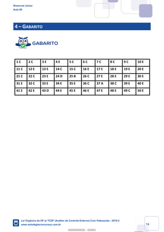Prof. Rosenval Júnior
Aula 00
53
4 – GABARITO
1 C 2 C 3 E 4 E 5 C 6 C 7 C 8 C 9 C 10 E
11 C 12 E 13 E 14 C 15 C 16 E 17 C 18 E 19 E 20 E
21 C 22 C 23 E 24 D 25 B 26 C 27 E 28 E 29 E 30 E
31 E 32 C 33 E 34 E 35 E 36 C 37 A 38 C 39 E 40 E
41 E 42 E 43 D 44 E 45 E 46 E 47 E 48 E 49 C 50 E
Rosenval Júnior
Aula 00
Lei Orgânica do DF p/ TCDF (Auditor de Controle Externo) Com Videoaulas - 2019.2
www.estrategiaconcursos.com.br
0
00000000000 - DEMO
 