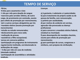 TEMPO DE SERVIÇO
•férias;
•8 dias para casamento e luto
•1 dia por mês para doação de sangue
•exercício pelo servidor efetivo, de outro
cargo, de provimento em comissão, exceto
para efeito de promoção por merecimento;
•júri e outros serviços obrigatórios por lei;
•mandato eletivo (exceto promoção por
merecimento)
•missão ou estudo remunerados;
•deslocamento para nova sede;
•realização de provas;
•assistência a filho excepcional;
•prova em concurso público;
•participação em programas de treinamento
regularmente instituído, correlacionado às
atribuições do cargo;
• 3 dias por mês em caso de moléstia
(atestado médico)
•participação de assembléias e atividades
sindicais.

Licenças
a) à gestante, à adotante e à paternidade;
b) para tratamento da própria saúde ou de
pessoa da família, com remuneração;
c) prêmio por assiduidade;
d) por motivo de acidente em serviço,
agressão não-provocada ou doença
profissional;
e) para concorrer a mandato eletivo federal,
estadual ou municipal;
f) para desempenho de mandato classista,
exceto para efeito de promoção por
merecimento;
g) para participar de cursos, congressos e
similares, sem prejuízo da retribuição;

 