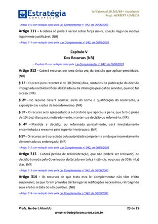 Lei Estadual 10.261/68 – Atualizada
Profs. HERBERT ALMEIDA
Profs. Herbert Almeida 23 de 25
www.estrategiaconcursos.com.br
- Artigo 310 com redação dada pela Lei Complementar n° 942, de 06/06/2003.
Artigo 311 - A defesa só poderá versar sobre força maior, coação ilegal ou motivo
legalmente justificável. (NR)
- Artigo 311 com redação dada pela Lei Complementar n° 942, de 06/06/2003.
Capítulo V
Dos Recursos (NR)
- Capítulo V com redação dada pela Lei Complementar n° 942, de 06/06/2003.
Artigo 312 - Caberá recurso, por uma única vez, da decisão que aplicar penalidade.
(NR)
§ 1º - O prazo para recorrer é de 30 (trinta) dias, contados da publicação da decisão
impugnada no Diário Oficial do Estado ou da intimação pessoal do servidor, quando for
o caso. (NR)
§ 2º - Do recurso deverá constar, além do nome e qualificação do recorrente, a
exposição das razões de inconformismo. (NR)
§ 3º - O recurso será apresentado à autoridade que aplicou a pena, que terá o prazo
de 10 (dez) dias para, motivadamente, manter sua decisão ou reformá-la. (NR)
§ 4º - Mantida a decisão, ou reformada parcialmente, será imediatamente
encaminhada a reexame pelo superior hierárquico. (NR)
§ 5º - O recurso será apreciado pela autoridade competente ainda que incorretamente
denominado ou endereçado. (NR)
- Artigo 312 com redação dada pela Lei Complementar n° 942, de 06/06/2003.
Artigo 313 - Caberá pedido de reconsideração, que não poderá ser renovado, de
decisão tomada pelo Governador do Estado em única instância, no prazo de 30 (trinta)
dias. (NR)
- Artigo 313 com redação dada pela Lei Complementar n° 942, de 06/06/2003.
Artigo 314 - Os recursos de que trata esta lei complementar não têm efeito
suspensivo; os que forem providos darão lugar às retificações necessárias, retroagindo
seus efeitos à data do ato punitivo. (NR)
- Artigo 314 com redação dada pela Lei Complementar n° 942, de 06/06/2003.
 