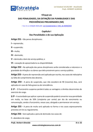 Lei Estadual 10.261/68 – Atualizada
Profs. HERBERT ALMEIDA
Profs. Herbert Almeida 8 de 25
www.estrategiaconcursos.com.br
TÍTULO VII
DAS PENALIDADES, DA EXTINÇÃO DA PUNIBILIDADE E DAS
PROVIDÊNCIAS PRELIMINARES (NR)
- Título VII com redação dada pela Lei Complementar n° 942, de 06/06/2003
Capítulo I
Das Penalidades e de sua Aplicação
Artigo 251 - São penas disciplinares:
I - repreensão;
II - suspensão;
III - multa;
IV - demissão;
V - demissão a bem do serviço público; e
VI - cassação de aposentadoria ou disponibilidade
Artigo 252 - Na aplicação das penas disciplinares serão consideradas a natureza e a
gravidade da infração e os danos que dela provierem para o serviço público.
Artigo 253 - A pena de repreensão será aplicada por escrito, nos casos de indisciplina
ou falta de cumprimento dos deveres.
Artigo 254 - A pena de suspensão, que não excederá de 90 (noventa) dias, será
aplicada em caso de falta grave ou de reincidência.
§ 1º - O funcionário suspenso perderá todas as vantagens e direitos decorrentes do
exercício do cargo.
§ 2º - A autoridade que aplicar a pena de suspensão poderá converter essa penalidade
em multa, na base de 50% (cinqüenta por cento) por dia de vencimento ou
remuneração, sendo o funcionário, nesse caso, obrigado a permanecer em serviço.
Artigo 255 - A pena de multa será aplicada na forma e nos casos expressamente
previstos em lei ou regulamento.
Artigo 256 - Será aplicada a pena de demissão nos casos de:
I - abandono de cargo;
 