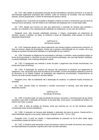 Art. 1.817. São válidas as alienações onerosas de bens hereditários a terceiros de boa-fé, e os atos de
administração legalmente praticados pelo herdeiro, antes da sentença de exclusão; mas aos herdeiros
subsiste, quando prejudicados, o direito de demandar-lhe perdas e danos.
Parágrafo único. O excluído da sucessão é obrigado a restituir os frutos e rendimentos que dos bens da
herança houver percebido, mas tem direito a ser indenizado das despesas com a conservação deles.
Art. 1.818. Aquele que incorreu em atos que determinem a exclusão da herança será admitido a
suceder, se o ofendido o tiver expressamente reabilitado em testamento, ou em outro ato autêntico.
Parágrafo único. Não havendo reabilitação expressa, o indigno, contemplado em testamento do
ofendido, quando o testador, ao testar, já conhecia a causa da indignidade, pode suceder no limite da
disposição testamentária.
CAPÍTULO VI
Da Herança Jacente
Art. 1.819. Falecendo alguém sem deixar testamento nem herdeiro legítimo notoriamente conhecido, os
bens da herança, depois de arrecadados, ficarão sob a guarda e administração de um curador, até a sua
entrega ao sucessor devidamente habilitado ou à declaração de sua vacância.
Art. 1.820. Praticadas as diligências de arrecadação e ultimado o inventário, serão expedidos editais na
forma da lei processual, e, decorrido um ano de sua primeira publicação, sem que haja herdeiro habilitado,
ou penda habilitação, será a herança declarada vacante.
Art. 1.821. É assegurado aos credores o direito de pedir o pagamento das dívidas reconhecidas, nos
limites das forças da herança.
Art. 1.822. A declaração de vacância da herança não prejudicará os herdeiros que legalmente se
habilitarem; mas, decorridos cinco anos da abertura da sucessão, os bens arrecadados passarão ao domínio
do Município ou do Distrito Federal, se localizados nas respectivas circunscrições, incorporando-se ao
domínio da União quando situados em território federal.
Parágrafo único. Não se habilitando até a declaração de vacância, os colaterais ficarão excluídos da
sucessão.
Art. 1.823. Quando todos os chamados a suceder renunciarem à herança, será esta desde logo
declarada vacante.
CAPÍTULO VII
Da petição de herança
Art. 1.824. O herdeiro pode, em ação de petição de herança, demandar o reconhecimento de seu direito
sucessório, para obter a restituição da herança, ou de parte dela, contra quem, na qualidade de herdeiro, ou
mesmo sem título, a possua.
Art. 1.825. A ação de petição de herança, ainda que exercida por um só dos herdeiros, poderá
compreender todos os bens hereditários.
Art. 1.826. O possuidor da herança está obrigado à restituição dos bens do acervo, fixando-se-lhe a
responsabilidade segundo a sua posse, observado o disposto nos arts. 1.214 a 1.222.
Parágrafo único. A partir da citação, a responsabilidade do possuidor se há de aferir pelas regras
concernentes à posse de má-fé e à mora.
Art. 1.827. O herdeiro pode demandar os bens da herança, mesmo em poder de terceiros, sem prejuízo
da responsabilidade do possuidor originário pelo valor dos bens alienados.
 