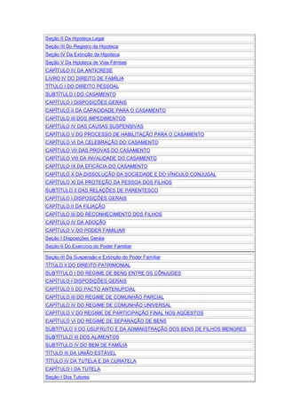 Seção II Da Hipoteca Legal
Seção III Do Registro da Hipoteca
Seção IV Da Extinção da Hipoteca
Seção V Da Hipoteca de Vias Férreas
CAPÍTULO IV DA ANTICRESE
LIVRO IV DO DIREITO DE FAMÍLIA
TÍTULO I DO DIREITO PESSOAL
SUBTÍTULO I DO CASAMENTO
CAPÍTULO I DISPOSIÇÕES GERAIS
CAPÍTULO II DA CAPACIDADE PARA O CASAMENTO
CAPÍTULO III DOS IMPEDIMENTOS
CAPÍTULO IV DAS CAUSAS SUSPENSIVAS
CAPÍTULO V DO PROCESSO DE HABILITAÇÃO PARA O CASAMENTO
CAPÍTULO VI DA CELEBRAÇÃO DO CASAMENTO
CAPÍTULO VII DAS PROVAS DO CASAMENTO
CAPÍTULO VIII DA INVALIDADE DO CASAMENTO
CAPÍTULO IX DA EFICÁCIA DO CASAMENTO
CAPÍTULO X DA DISSOLUÇÃO DA SOCIEDADE E DO VÍNCULO CONJUGAL
CAPÍTULO XI DA PROTEÇÃO DA PESSOA DOS FILHOS
SUBTÍTULO II DAS RELAÇÕES DE PARENTESCO
CAPÍTULO I DISPOSIÇÕES GERAIS
CAPÍTULO II DA FILIAÇÃO
CAPÍTULO III DO RECONHECIMENTO DOS FILHOS
CAPÍTULO IV DA ADOÇÃO
CAPÍTULO V DO PODER FAMILIAR
Seção I Disposições Gerais
Seção II Do Exercício do Poder Familiar
Seção III Da Suspensão e Extinção do Poder Familiar
TÍTULO II DO DIREITO PATRIMONIAL
SUBTÍTULO I DO REGIME DE BENS ENTRE OS CÔNJUGES
CAPÍTULO I DISPOSIÇÕES GERAIS
CAPÍTULO II DO PACTO ANTENUPCIAL
CAPÍTULO III DO REGIME DE COMUNHÃO PARCIAL
CAPÍTULO IV DO REGIME DE COMUNHÃO UNIVERSAL
CAPÍTULO V DO REGIME DE PARTICIPAÇÃO FINAL NOS AQÜESTOS
CAPÍTULO VI DO REGIME DE SEPARAÇÃO DE BENS
SUBTÍTULO II DO USUFRUTO E DA ADMINISTRAÇÃO DOS BENS DE FILHOS MENORES
SUBTÍTULO III DOS ALIMENTOS
SUBTÍTULO IV DO BEM DE FAMÍLIA
TÍTULO III DA UNIÃO ESTÁVEL
TÍTULO IV DA TUTELA E DA CURATELA
CAPÍTULO I DA TUTELA
Seção I Dos Tutores
 