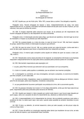 TÍTULO IX
Da Responsabilidade Civil
CAPÍTULO I
Da Obrigação de Indenizar
Art. 927. Aquele que, por ato ilícito (arts. 186 e 187), causar dano a outrem, fica obrigado a repará-lo.
Parágrafo único. Haverá obrigação de reparar o dano, independentemente de culpa, nos casos
especificados em lei, ou quando a atividade normalmente desenvolvida pelo autor do dano implicar, por sua
natureza, risco para os direitos de outrem.
Art. 928. O incapaz responde pelos prejuízos que causar, se as pessoas por ele responsáveis não
tiverem obrigação de fazê-lo ou não dispuserem de meios suficientes.
Parágrafo único. A indenização prevista neste artigo, que deverá ser eqüitativa, não terá lugar se privar
do necessário o incapaz ou as pessoas que dele dependem.
Art. 929. Se a pessoa lesada, ou o dono da coisa, no caso do inciso II do art. 188, não forem culpados
do perigo, assistir-lhes-á direito à indenização do prejuízo que sofreram.
Art. 930. No caso do inciso II do art. 188, se o perigo ocorrer por culpa de terceiro, contra este terá o
autor do dano ação regressiva para haver a importância que tiver ressarcido ao lesado.
Parágrafo único. A mesma ação competirá contra aquele em defesa de quem se causou o dano (art.
188, inciso I).
Art. 931. Ressalvados outros casos previstos em lei especial, os empresários individuais e as empresas
respondem independentemente de culpa pelos danos causados pelos produtos postos em circulação.
Art. 932. São também responsáveis pela reparação civil:
I - os pais, pelos filhos menores que estiverem sob sua autoridade e em sua companhia;
II - o tutor e o curador, pelos pupilos e curatelados, que se acharem nas mesmas condições;
III - o empregador ou comitente, por seus empregados, serviçais e prepostos, no exercício do trabalho
que lhes competir, ou em razão dele;
IV - os donos de hotéis, hospedarias, casas ou estabelecimentos onde se albergue por dinheiro, mesmo
para fins de educação, pelos seus hóspedes, moradores e educandos;
V - os que gratuitamente houverem participado nos produtos do crime, até a concorrente quantia.
Art. 933. As pessoas indicadas nos incisos I a V do artigo antecedente, ainda que não haja culpa de sua
parte, responderão pelos atos praticados pelos terceiros ali referidos.
Art. 934. Aquele que ressarcir o dano causado por outrem pode reaver o que houver pago daquele por
quem pagou, salvo se o causador do dano for descendente seu, absoluta ou relativamente incapaz.
Art. 935. A responsabilidade civil é independente da criminal, não se podendo questionar mais sobre a
existência do fato, ou sobre quem seja o seu autor, quando estas questões se acharem decididas no juízo
criminal.
Art. 936. O dono, ou detentor, do animal ressarcirá o dano por este causado, se não provar culpa da
vítima ou força maior.
Art. 937. O dono de edifício ou construção responde pelos danos que resultarem de sua ruína, se esta
provier de falta de reparos, cuja necessidade fosse manifesta.
 