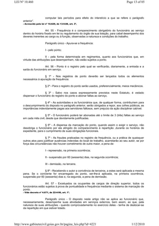LEI Nº 10.460                                                                                 Page 13 of 85



                           computar tais períodos para efeito do interstício a que se refere o parágrafo
      anterior”.
      - Acrescido pela lei nº 10.629, de 13-9-88, art. 3º.


                         Art. 55 - Frequência é o comparecimento obrigatório do funcionário ao serviço
      dentro do horário fixado em lei ou regulamento do órgão de sua lotação, para cabal desempenho dos
      deveres inerentes ao cargo ou à função, observadas a natureza e condições do trabalho.

                           Parágrafo único - Apura-se a frequência:

                           I - pelo ponto;

                          II - pela forma determinada em regimentos, quanto aos funcionários que, em
      virtude das atribuições que desempenham, não estão sujeitos a ponto.

                        Art. 56 - Ponto é o registro pelo qual se verificarão, diariamente, a entrada e a
      saída do funcionário em serviço.

                       § 1º - Nos registros de ponto deverão ser lançados todos os elementos
      necessários à apuração da frequência.

                           § 2º - Para o registro do ponto serão usados, preferencialmente, meios mecânicos.

                        § 3º - Salvo nos casos expressamente previstos neste Estatuto, é vedado
      dispensar o funcionário do registro do ponto e abonar faltas ao serviço.

                        § 4º - As autoridades e os funcionários que, de qualquer forma, contribuírem para
      o descumprimento do disposto no parágrafo anterior, serão obrigados a repor, aos cofres públicos, as
      importâncias indevidamente pagas aos servidores faltosos, sem prejuízo da ação disciplinar cabível.

                        § 5º - O funcionário poderá ter abonadas até o limite de 3 (três) faltas ao serviço
      em cada mês civil, desde que devidamente justificadas.

                        § 6º - A dispensa da marcação do ponto, quando assim o exigir o serviço, não
      desobriga o funcionário por ela atingido do comparecimento à repartição ,durante os horários de
      expediente, para o cumprimento de suas obrigações funcionais.

                         § 7º - As fraudes praticadas no registro de frequência, ou a prática de quaisquer
      outros atos para justificar ausências indevidas do local de trabalho, acarretarão ao seu autor, se por
      força das circunstâncias não houver cometimento de outra maior, a pena de:

                           I - repreensão, na primeira ocorrência;

                           II - suspensão por 60 (sessenta) dias, na segunda ocorrência;

                           III - demissão, na terceira.

                       § 8º - Recebendo o autor a conivência de terceiros, a estes será aplicada a mesma
      pena. Se o conivente for encarregado do ponto, ser-lhe-á aplicada, na primeira ocorrência,
      suspensão por 60 (sessenta) dias e, na segunda, a pena de demissão.

                        Art. 57 - Excetuados os ocupantes de cargos de direção superior, todos os
      funcionários estão sujeitos à prova de pontualidade e frequência mediante o sistema de marcação de
      ponto.
      - Vide decreto nº 4.671, de 22-4-96, art. 1º.


                        Parágrafo único - O disposto neste artigo não se aplica ao funcionário que,
      necessariamente, desempenhe suas atividades em serviços externos, bem assim, ao que, pela
      natureza de suas atribuições - quando comprovadamente no exercício delas - tenha de deslocar-se
      da repartição em que estiver lotado.




http://www.gabinetecivil.goias.gov.br/pagina_leis.php?id=4221                                     1/12/2010
 