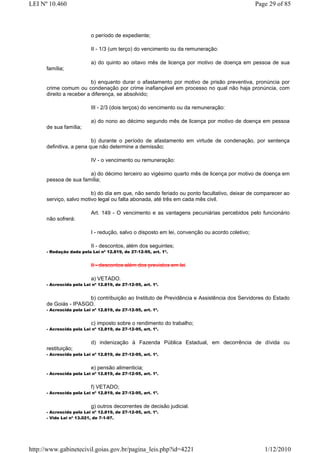 LEI Nº 10.460                                                                                    Page 29 of 85



                           o período de expediente;

                           II - 1/3 (um terço) do vencimento ou da remuneração:

                           a) do quinto ao oitavo mês de licença por motivo de doença em pessoa de sua
      família;

                          b) enquanto durar o afastamento por motivo de prisão preventiva, pronúncia por
      crime comum ou condenação por crime inafiançável em processo no qual não haja pronúncia, com
      direito a receber a diferença, se absolvido;

                           III - 2/3 (dois terços) do vencimento ou da remuneração:

                           a) do nono ao décimo segundo mês de licença por motivo de doença em pessoa
      de sua família;

                          b) durante o período de afastamento em virtude de condenação, por sentença
      definitiva, a pena que não determine a demissão;

                           IV - o vencimento ou remuneração:

                       a) do décimo terceiro ao vigésimo quarto mês de licença por motivo de doença em
      pessoa de sua família;

                         b) do dia em que, não sendo feriado ou ponto facultativo, deixar de comparecer ao
      serviço, salvo motivo legal ou falta abonada, até três em cada mês civil.

                           Art. 149 - O vencimento e as vantagens pecuniárias percebidos pelo funcionário
      não sofrerá:

                           I - redução, salvo o disposto em lei, convenção ou acordo coletivo;

                           II - descontos, além dos seguintes;
      - Redação dada pela Lei nº 12.819, de 27-12-95, art. 1º.


                           II - descontos além dos previstos em lei

                           a) VETADO.
      - Acrescida pela Lei nº 12.819, de 27-12-95, art. 1º.


                      b) contribuição ao Instituto de Previdência e Assistência dos Servidores do Estado
      de Goiás - IPASGO.
      - Acrescida pela Lei nº 12.819, de 27-12-95, art. 1º.


                           c) imposto sobre o rendimento do trabalho;
      - Acrescida pela Lei nº 12.819, de 27-12-95, art. 1º.


                           d) indenização à Fazenda Pública Estadual, em decorrência de dívida ou
      restituição;
      - Acrescida pela Lei nº 12.819, de 27-12-95, art. 1º.


                           e) pensão alimenticia;
      - Acrescida pela Lei nº 12.819, de 27-12-95, art. 1º.


                           f) VETADO;
      - Acrescida pela Lei nº 12.819, de 27-12-95, art. 1º.


                           g) outros decorrentes de decisão judicial.
      - Acrescida pela Lei nº 12.819, de 27-12-95, art. 1º.
      - Vide Lei nº 13.021, de 7-1-97.




http://www.gabinetecivil.goias.gov.br/pagina_leis.php?id=4221                                       1/12/2010
 