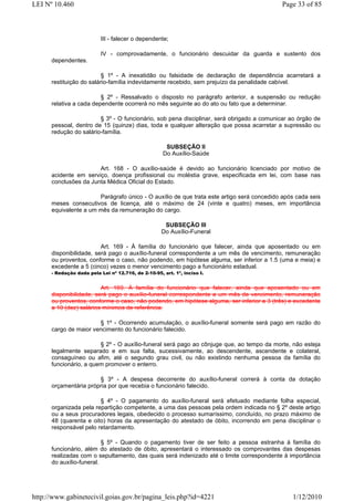 LEI Nº 10.460                                                                             Page 33 of 85



                           III - falecer o dependente;

                           IV - comprovadamente, o funcionário descuidar da guarda e sustento dos
      dependentes.

                          § 1º - A inexatidão ou falsidade de declaração de dependência acarretará a
      restituição do salário-família indevidamente recebido, sem prejuízo da penalidade cabível.

                         § 2º - Ressalvado o disposto no parágrafo anterior, a suspensão ou redução
      relativa a cada dependente ocorrerá no mês seguinte ao do ato ou fato que a determinar.

                        § 3º - O funcionário, sob pena disciplinar, será obrigado a comunicar ao órgão de
      pessoal, dentro de 15 (quinze) dias, toda e qualquer alteração que possa acarretar a supressão ou
      redução do salário-família.

                                                      SUBSEÇÃO II
                                                     Do Auxílio-Saúde

                       Art. 168 - O auxílio-saúde é devido ao funcionário licenciado por motivo de
      acidente em serviço, doença profissional ou moléstia grave, especificada em lei, com base nas
      conclusões da Junta Médica Oficial do Estado.

                       Parágrafo único - O auxílio de que trata este artigo será concedido após cada seis
      meses consecutivos de licença, até o máximo de 24 (vinte e quatro) meses, em importância
      equivalente a um mês da remuneração do cargo.

                                                      SUBSEÇÃO III
                                                     Do Auxílio-Funeral

                         Art. 169 - À família do funcionário que falecer, ainda que aposentado ou em
      disponibilidade, será pago o auxílio-funeral correspondente a um mês de vencimento, remuneração
      ou proventos, conforme o caso, não podendo, em hipótese alguma, ser inferior a 1.5 (uma e meia) e
      excedente a 5 (cinco) vezes o menor vencimento pago a funcionário estadual.
      - Redação dada pela Lei nº 12.716, de 2-10-95, art. 1º, inciso I.


                         Art. 169. À família do funcionário que falecer, ainda que aposentado ou em
      disponibilidade, será pago o auxílio-funeral correspondente a um mês de vencimento, remuneração
      ou proventos, conforme o caso, não podendo, em hipótese alguma, ser inferior a 3 (três) e excedente
      a 10 (dez) salários mínimos de referência.

                       § 1º - Ocorrendo acumulação, o auxílio-funeral somente será pago em razão do
      cargo de maior vencimento do funcionário falecido.

                        § 2º - O auxílio-funeral será pago ao cônjuge que, ao tempo da morte, não esteja
      legalmente separado e em sua falta, sucessivamente, ao descendente, ascendente e colateral,
      consaguíneo ou afim, até o segundo grau civil, ou não existindo nenhuma pessoa da família do
      funcionário, a quem promover o enterro.

                       § 3º - A despesa decorrente do auxílio-funeral correrá à conta da dotação
      orçamentária própria por que recebia o funcionário falecido.

                        § 4º - O pagamento do auxílio-funeral será efetuado mediante folha especial,
      organizada pela repartição competente, a uma das pessoas pela ordem indicada no § 2º deste artigo
      ou a seus procuradores legais, obedecido o processo sumaríssimo, concluído, no prazo máximo de
      48 (quarenta e oito) horas da apresentação do atestado de óbito, incorrendo em pena disciplinar o
      responsável pelo retardamento.

                          § 5º - Quando o pagamento tiver de ser feito a pessoa estranha à família do
      funcionário, além do atestado de óbito, apresentará o interessado os comprovantes das despesas
      realizadas com o sepultamento, das quais será indenizado até o limite correspondente à importância
      do auxílio-funeral.




http://www.gabinetecivil.goias.gov.br/pagina_leis.php?id=4221                                 1/12/2010
 