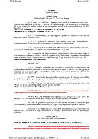 LEI Nº 10.460                                                                                            Page 34 of 85



                                                         SEÇÃO V
                                                      Das Gratificações

                                                     SUBSEÇÃO I
                                    Da Gratificação Adicional Por Tempo de Serviço

                         Art. 170 - Ao funcionário será concedida, por quinquênio de efetivo serviço público,
      gratificação adicional de 10% (dez por cento) sobre os vencimentos ou a remuneração do respectivo
      cargo de provimento efetivo, vedada a sua computação para fins de novos cálculos de idêntico
      benefício.
      - Vide as Leis nºs 11.071, de 15-12-89, art. 9º e 11.257, de 26-6-90, art. 16.
      - Percentual fixado em 5% pela Lei nº 12.831, de 28-12-95.


                       § 1º - O funcionário fará jus à percepção da gratificação adicional a partir do dia
      em que completar cada quinquênio.

                       § 2º - A gratificação adicional será sempre atualizada, acompanhando,
      automaticamente, as modificações do vencimento ou remuneração do funcionário.

                        § 3º - A apuração do quinquênio será feita em dias e o total convertido em anos,
      considerado este sempre como de 365 (trezentos e sessenta e cinco) dias.

                       § 4º - Entende-se por tempo de efetivo serviço público, para o fim deste artigo, o
      que tenha sido prestado a pessoa jurídica de direito público, bem assim a sociedade de economia
      mista, empresa pública e fundação instituído pelo Estado de Goiás, a partir de 20 de julho de 1947.
      - Redação dada pela Lei nº 10.515, de 11-5-88.


                           § 4º - VETADO.

                         § 5º - Quando da passagem do funcionário à inatividade, a incorporação da
      gratificação adicional será integral, se decretada a aposentadoria com proventos correspondentes à
      totalidade do vencimento ou da remuneração e proporcional ao tempo de serviço, na hipótese de
      assim ser a mesma concedida.

                        Art. 171 - A concessão da gratificação adicional far-se-á à vista das informações
      prestadas pelo órgão de pessoal que centralizar o assentamento individual do funcionário.

                           Art. 172 - O funcionário que exercer cumulativamente dois cargos de provimento
      efetivo terá direito à gratificação adicional em relação a ambos.
      - Redação dada pela Lei nº 10.872, de 7-7-89, art. 6º.


                          Art. 172. O funcionário que exercer cumulativamente mais de um cargo terá direito
      à gratificação adicional em relação àquele de vencimento mais elevado.

                         Art. 173 - Não será concedida gratificação adicional, qualquer que seja o tempo de
      serviço, a funcionário comissionado, salvo em relação ao cargo de que for titular efetivo.

                        Art. 174 - A gratificação adicional não será devida enquanto o funcionário, por
      qualquer motivo, deixar de receber o vencimento do cargo, exceto na hipótese do artigo anterior.

                      Parágrafo único - Toda vez que o funcionário sofrer corte em seu vencimento, será
      também feita, automática e proporcionalmente, a redução correspondente em sua gratificação
      adicional.

                                                      SUBSEÇÃO II
                                          Da Gratificação de Incentivo Funcional

      - Vide Leis nºs 11.071, de 15-12-89, art. 9º, 11.336, de 19-10-90, art. 239 e 11.727, de 22-5-92, art. 6º.


                      Art. 175. A título de incentivo funcional, será concedida uma gratificação mensal de
      até 20% (vinte por cento) sobre o vencimento ou a remuneração do funcionário portador de




http://www.gabinetecivil.goias.gov.br/pagina_leis.php?id=4221                                                 1/12/2010
 