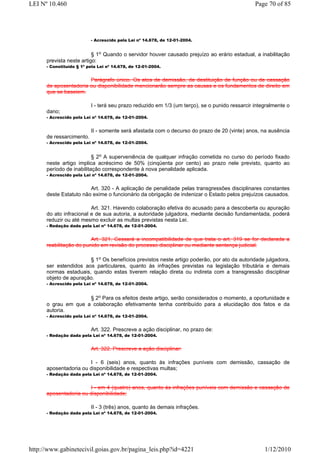 LEI Nº 10.460                                                                                  Page 70 of 85




                          - Acrescido pela Lei nº 14.678, de 12-01-2004.


                          § 1o Quando o servidor houver causado prejuízo ao erário estadual, a inabilitação
      prevista neste artigo:
      - Constituído § 1º pela Lei nº 14.678, de 12-01-2004.


                       Parágrafo único. Os atos de demissão, de destituição de função ou de cassação
      de aposentadoria ou disponibilidade mencionarão sempre as causas e os fundamentos de direito em
      que se baseiem.

                          I - terá seu prazo reduzido em 1/3 (um terço), se o punido ressarcir integralmente o
      dano;
      - Acrescido pela Lei nº 14.678, de 12-01-2004.


                          II - somente será afastada com o decurso do prazo de 20 (vinte) anos, na ausência
      de ressarcimento.
      - Acrescido pela Lei nº 14.678, de 12-01-2004.


                          § 2o A superveniência de qualquer infração cometida no curso do período fixado
      neste artigo implica acréscimo de 50% (cinqüenta por cento) ao prazo nele previsto, quanto ao
      período de inabilitação correspondente à nova penalidade aplicada.
      - Acrescido pela Lei nº 14.678, de 12-01-2004.


                        Art. 320 - A aplicação de penalidade pelas transgressões disciplinares constantes
      deste Estatuto não exime o funcionário da obrigação de indenizar o Estado pelos prejuízos causados.

                         Art. 321. Havendo colaboração efetiva do acusado para a descoberta ou apuração
      do ato infracional e de sua autoria, a autoridade julgadora, mediante decisão fundamentada, poderá
      reduzir ou até mesmo excluir as multas previstas nesta Lei.
      - Redação dada pela Lei nº 14.678, de 12-01-2004.


                         Art. 321. Cessará a incompatibilidade de que trata o art. 319 se for declarada a
      reabilitação do punido em revisão do processo disciplinar ou mediante sentença judicial.

                       § 1o Os benefícios previstos neste artigo poderão, por ato da autoridade julgadora,
      ser estendidos aos particulares, quanto às infrações previstas na legislação tributária e demais
      normas estaduais, quando estas tiverem relação direta ou indireta com a transgressão disciplinar
      objeto de apuração.
      - Acrescido pela Lei nº 14.678, de 12-01-2004.


                     § 2o Para os efeitos deste artigo, serão considerados o momento, a oportunidade e
      o grau em que a colaboração efetivamente tenha contribuído para a elucidação dos fatos e da
      autoria.
      - Acrescido pela Lei nº 14.678, de 12-01-2004.


                          Art. 322. Prescreve a ação disciplinar, no prazo de:
      - Redação dada pela Lei nº 14.678, de 12-01-2004.


                          Art. 322. Prescreve a ação disciplinar:

                       I - 6 (seis) anos, quanto às infrações puníveis com demissão, cassação de
      aposentadoria ou disponibilidade e respectivas multas;
      - Redação dada pela Lei nº 14.678, de 12-01-2004.


                       I - em 4 (quatro) anos, quanto às infrações puníveis com demissão e cassação de
      aposentadoria ou disponibilidade;

                          II - 3 (três) anos, quanto às demais infrações.
      - Redação dada pela Lei nº 14.678, de 12-01-2004.




http://www.gabinetecivil.goias.gov.br/pagina_leis.php?id=4221                                      1/12/2010
 