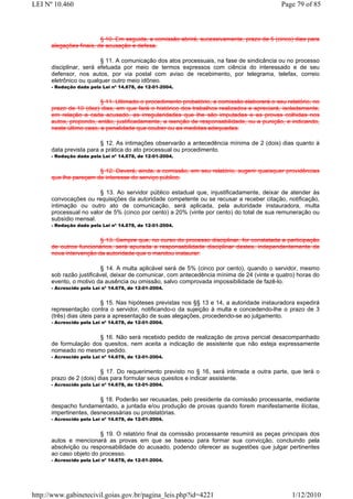 LEI Nº 10.460                                                                               Page 79 of 85



                         § 10. Em seguida, a comissão abrirá, sucessivamente, prazo de 5 (cinco) dias para
      alegações finais, de acusação e defesa.

                         § 11. A comunicação dos atos processuais, na fase de sindicância ou no processo
      disciplinar, será efetuada por meio de termos expressos com ciência do interessado e de seu
      defensor, nos autos, por via postal com aviso de recebimento, por telegrama, telefax, correio
      eletrônico ou qualquer outro meio idôneo.
      - Redação dada pela Lei nº 14.678, de 12-01-2004.


                         § 11. Ultimado o procedimento probatório, a comissão elaborará o seu relatório, no
      prazo de 10 (dez) dias, em que fará o histórico dos trabalhos realizados e apreciará, isoladamente,
      em relação a cada acusado, as irregularidades que lhe são imputadas e as provas colhidas nos
      autos, propondo, então, justificadamente, a isenção de responsabilidade, ou a punição, e indicando,
      neste último caso, a penalidade que couber ou as medidas adequadas.

                         § 12. As intimações observarão a antecedência mínima de 2 (dois) dias quanto à
      data prevista para a prática do ato processual ou procedimento.
      - Redação dada pela Lei nº 14.678, de 12-01-2004.


                       § 12. Deverá, ainda, a comissão, em seu relatório, sugerir quaisquer providências
      que lhe pareçam de interesse do serviço público.

                        § 13. Ao servidor público estadual que, injustificadamente, deixar de atender às
      convocações ou requisições da autoridade competente ou se recusar a receber citação, notificação,
      intimação ou outro ato de comunicação, será aplicada, pela autoridade instauradora, multa
      processual no valor de 5% (cinco por cento) a 20% (vinte por cento) do total de sua remuneração ou
      subsídio mensal.
      - Redação dada pela Lei nº 14.678, de 12-01-2004.


                        § 13. Sempre que, no curso do processo disciplinar, for constatada a participação
      de outros funcionários, será apurada a responsabilidade disciplinar destes, independentemente de
      nova intervenção da autoridade que o mandou instaurar.

                         § 14. A multa aplicável será de 5% (cinco por cento), quando o servidor, mesmo
      sob razão justificável, deixar de comunicar, com antecedência mínima de 24 (vinte e quatro) horas do
      evento, o motivo da ausência ou omissão, salvo comprovada impossibilidade de fazê-lo.
      - Acrescido pela Lei nº 14.678, de 12-01-2004.


                          § 15. Nas hipóteses previstas nos §§ 13 e 14, a autoridade instauradora expedirá
      representação contra o servidor, notificando-o da sujeição à multa e concedendo-lhe o prazo de 3
      (três) dias úteis para a apresentação de suas alegações, procedendo-se ao julgamento.
      - Acrescido pela Lei nº 14.678, de 12-01-2004.


                      § 16. Não será recebido pedido de realização de prova pericial desacompanhado
      de formulação dos quesitos, nem aceita a indicação de assistente que não esteja expressamente
      nomeado no mesmo pedido.
      - Acrescido pela Lei nº 14.678, de 12-01-2004.


                         § 17. Do requerimento previsto no § 16, será intimada a outra parte, que terá o
      prazo de 2 (dois) dias para formular seus quesitos e indicar assistente.
      - Acrescido pela Lei nº 14.678, de 12-01-2004.


                        § 18. Poderão ser recusadas, pelo presidente da comissão processante, mediante
      despacho fundamentado, a juntada e/ou produção de provas quando forem manifestamente ilícitas,
      impertinentes, desnecessárias ou protelatórias.
      - Acrescido pela Lei nº 14.678, de 12-01-2004.


                        § 19. O relatório final da comissão processante resumirá as peças principais dos
      autos e mencionará as provas em que se baseou para formar sua convicção, concluindo pela
      absolvição ou responsabilidade do acusado, podendo oferecer as sugestões que julgar pertinentes
      ao caso objeto do processo.
      - Acrescido pela Lei nº 14.678, de 12-01-2004.




http://www.gabinetecivil.goias.gov.br/pagina_leis.php?id=4221                                   1/12/2010
 