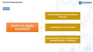 ÓRGÃOS DE GESTÃO
ESTRATÉGICA
DEPARTAMENTO DE INTELIGÊNCIA
POLICIAL
ACADEMIA DA POLÍCIA CIVIL
DEPARTAMENTO DE PLANEJAMENTO,
ADMINISTRAÇÃO E FINANÇAS
Art. 10
 