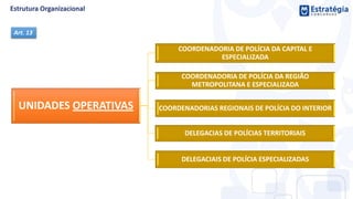 UNIDADES OPERATIVAS
COORDENADORIA DE POLÍCIA DA CAPITAL E
ESPECIALIZADA
COORDENADORIA DE POLÍCIA DA REGIÃO
METROPOLITANA E ESPECIALIZADA
COORDENADORIAS REGIONAIS DE POLÍCIA DO INTERIOR
DELEGACIAS DE POLÍCIAS TERRITORIAIS
DELEGACIAIS DE POLÍCIA ESPECIALIZADAS
Art. 13
 