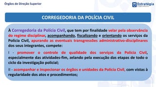 À Corregedoria da Polícia Civil, que tem por finalidade velar pela observância
do regime disciplinar, acompanhando, fiscalizando e orientando os serviços da
Polícia Civil, apurando as eventuais transgressões administrativo-disciplinares
dos seus integrantes, compete:
I - promover o controle de qualidade dos serviços da Polícia Civil,
especialmente das atividades-fim, zelando pela execução das etapas de todo o
ciclo da investigação policial;
II - acompanhar e inspecionar os órgãos e unidades da Polícia Civil, com vistas à
regularidade dos atos e procedimentos;
CORREGEDORIA DA POLÍCIA CIVIL
 