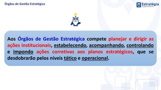 Aos Órgãos de Gestão Estratégica compete planejar e dirigir as
ações institucionais, estabelecendo, acompanhando, controlando
e impondo ações corretivas aos planos estratégicos, que se
desdobrarão pelos níveis tático e operacional.
 