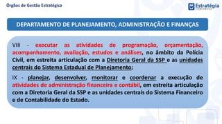 VIII - executar as atividades de programação, orçamentação,
acompanhamento, avaliação, estudos e análises, no âmbito da Polícia
Civil, em estreita articulação com a Diretoria Geral da SSP e as unidades
centrais do Sistema Estadual de Planejamento;
IX - planejar, desenvolver, monitorar e coordenar a execução de
atividades de administração financeira e contábil, em estreita articulação
com a Diretoria Geral da SSP e as unidades centrais do Sistema Financeiro
e de Contabilidade do Estado.
DEPARTAMENTO DE PLANEJAMENTO, ADMINISTRAÇÃO E FINANÇAS
 