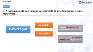 Art. 80
EXONERAÇÃO
A pedido
De ofício
quando NÃO SATISFEITAS as
condições do estágio probatório;
quando o servidor NÃO ENTRAR
EM EXERCÍCIO no prazo de lei.
 A exoneração nada mais é do que o desligamento do servidor do cargo, sem que
haja punição.
 