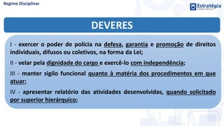 DEVERES
I - exercer o poder de polícia na defesa, garantia e promoção de direitos
individuais, difusos ou coletivos, na forma da Lei;
II - velar pela dignidade do cargo e exercê-lo com independência;
III - manter sigilo funcional quanto à matéria dos procedimentos em que
atuar;
IV - apresentar relatório das atividades desenvolvidas, quando solicitado
por superior hierárquico;
 