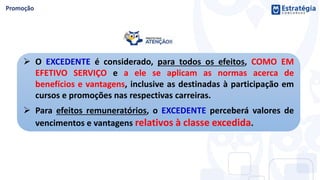  O EXCEDENTE é considerado, para todos os efeitos, COMO EM
EFETIVO SERVIÇO e a ele se aplicam as normas acerca de
benefícios e vantagens, inclusive as destinadas à participação em
cursos e promoções nas respectivas carreiras.
 Para efeitos remuneratórios, o EXCEDENTE perceberá valores de
vencimentos e vantagens relativos à classe excedida.
 