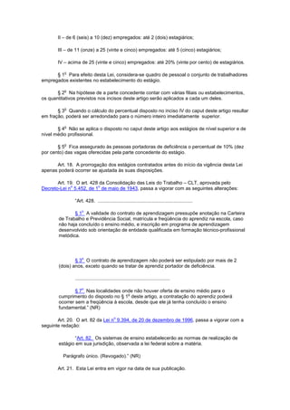 II – de 6 (seis) a 10 (dez) empregados: até 2 (dois) estagiários;
III – de 11 (onze) a 25 (vinte e cinco) empregados: até 5 (cinco) estagiários;
IV – acima de 25 (vinte e cinco) empregados: até 20% (vinte por cento) de estagiários.
§ 1
o
Para efeito desta Lei, considera-se quadro de pessoal o conjunto de trabalhadores
empregados existentes no estabelecimento do estágio.
§ 2
o
Na hipótese de a parte concedente contar com várias filiais ou estabelecimentos,
os quantitativos previstos nos incisos deste artigo serão aplicados a cada um deles.
§ 3
o
Quando o cálculo do percentual disposto no inciso IV do caput deste artigo resultar
em fração, poderá ser arredondado para o número inteiro imediatamente superior.
§ 4
o
Não se aplica o disposto no caput deste artigo aos estágios de nível superior e de
nível médio profissional.
§ 5
o
Fica assegurado às pessoas portadoras de deficiência o percentual de 10% (dez
por cento) das vagas oferecidas pela parte concedente do estágio.
Art. 18. A prorrogação dos estágios contratados antes do início da vigência desta Lei
apenas poderá ocorrer se ajustada às suas disposições.
Art. 19. O art. 428 da Consolidação das Leis do Trabalho – CLT, aprovada pelo
Decreto-Lei n
o
5.452, de 1
o
de maio de 1943, passa a vigorar com as seguintes alterações:
“Art. 428. ......................................................................
§ 1
o
A validade do contrato de aprendizagem pressupõe anotação na Carteira
de Trabalho e Previdência Social, matrícula e freqüência do aprendiz na escola, caso
não haja concluído o ensino médio, e inscrição em programa de aprendizagem
desenvolvido sob orientação de entidade qualificada em formação técnico-profissional
metódica.
§ 3
o
O contrato de aprendizagem não poderá ser estipulado por mais de 2
(dois) anos, exceto quando se tratar de aprendiz portador de deficiência.
......................................................................
§ 7
o
Nas localidades onde não houver oferta de ensino médio para o
cumprimento do disposto no § 1
o
deste artigo, a contratação do aprendiz poderá
ocorrer sem a freqüência à escola, desde que ele já tenha concluído o ensino
fundamental.” (NR)
Art. 20. O art. 82 da Lei n
o
9.394, de 20 de dezembro de 1996, passa a vigorar com a
seguinte redação:
“Art. 82. Os sistemas de ensino estabelecerão as normas de realização de
estágio em sua jurisdição, observada a lei federal sobre a matéria.
Parágrafo único. (Revogado).” (NR)
Art. 21. Esta Lei entra em vigor na data de sua publicação.
 