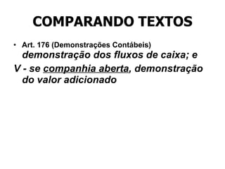 COMPARANDO TEXTOS Art. 176 (Demonstrações Contábeis)  demonstração dos fluxos de caixa; e V - se  companhia aberta , demonstração do valor adicionado   