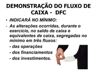 DEMONSTRAÇÃO DO FLUXO DE CAIXA -  DFC INDICARÁ NO MÍNIMO: As alterações ocorridas, durante o exercício, no saldo de caixa e equivalentes de caixa, segregadas no mínimo em três fluxos: - das operações - dos financiamentos - dos investimentos. 