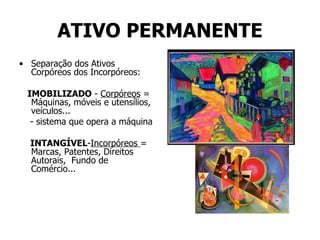 ATIVO PERMANENTE Separação dos Ativos Corpóreos dos Incorpóreos: IMOBILIZADO  -  Corpóreos  = Máquinas, móveis e utensílios, veículos... - sistema que opera a máquina INTANGÍVEL - Incorpóreos  = Marcas, Patentes, Direitos Autorais,  Fundo de Comércio...  