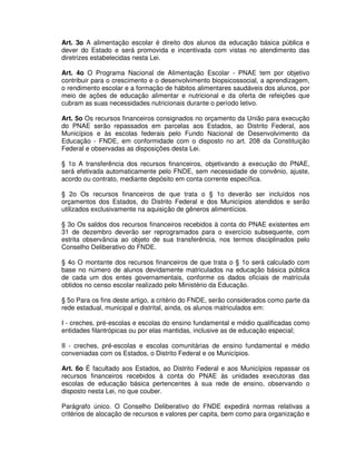 Art. 3o A alimentação escolar é direito dos alunos da educação básica pública e
dever do Estado e será promovida e incentivada com vistas no atendimento das
diretrizes estabelecidas nesta Lei.

Art. 4o O Programa Nacional de Alimentação Escolar - PNAE tem por objetivo
contribuir para o crescimento e o desenvolvimento biopsicossocial, a aprendizagem,
o rendimento escolar e a formação de hábitos alimentares saudáveis dos alunos, por
meio de ações de educação alimentar e nutricional e da oferta de refeições que
cubram as suas necessidades nutricionais durante o período letivo.

Art. 5o Os recursos financeiros consignados no orçamento da União para execução
do PNAE serão repassados em parcelas aos Estados, ao Distrito Federal, aos
Municípios e às escolas federais pelo Fundo Nacional de Desenvolvimento da
Educação - FNDE, em conformidade com o disposto no art. 208 da Constituição
Federal e observadas as disposições desta Lei.

§ 1o A transferência dos recursos financeiros, objetivando a execução do PNAE,
será efetivada automaticamente pelo FNDE, sem necessidade de convênio, ajuste,
acordo ou contrato, mediante depósito em conta corrente específica.

§ 2o Os recursos financeiros de que trata o § 1o deverão ser incluídos nos
orçamentos dos Estados, do Distrito Federal e dos Municípios atendidos e serão
utilizados exclusivamente na aquisição de gêneros alimentícios.

§ 3o Os saldos dos recursos financeiros recebidos à conta do PNAE existentes em
31 de dezembro deverão ser reprogramados para o exercício subsequente, com
estrita observância ao objeto de sua transferência, nos termos disciplinados pelo
Conselho Deliberativo do FNDE.

§ 4o O montante dos recursos financeiros de que trata o § 1o será calculado com
base no número de alunos devidamente matriculados na educação básica pública
de cada um dos entes governamentais, conforme os dados oficiais de matrícula
obtidos no censo escolar realizado pelo Ministério da Educação.

§ 5o Para os fins deste artigo, a critério do FNDE, serão considerados como parte da
rede estadual, municipal e distrital, ainda, os alunos matriculados em:

I - creches, pré-escolas e escolas do ensino fundamental e médio qualificadas como
entidades filantrópicas ou por elas mantidas, inclusive as de educação especial;

II - creches, pré-escolas e escolas comunitárias de ensino fundamental e médio
conveniadas com os Estados, o Distrito Federal e os Municípios.

Art. 6o É facultado aos Estados, ao Distrito Federal e aos Municípios repassar os
recursos financeiros recebidos à conta do PNAE às unidades executoras das
escolas de educação básica pertencentes à sua rede de ensino, observando o
disposto nesta Lei, no que couber.

Parágrafo único. O Conselho Deliberativo do FNDE expedirá normas relativas a
critérios de alocação de recursos e valores per capita, bem como para organização e
 