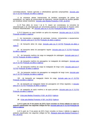 caminhões-tratores, tratores agrícolas e colheitadeiras agrícolas autopropelidas. (Incluído pela
Lei nº 12.715) Produção de efeito e vigência
c) às empresas aéreas internacionais de bandeira estrangeira de países que
estabeleçam, em regime de reciprocidade de tratamento, isenção tributária às receitas geradas
por empresas aéreas brasileiras. (Incluído pela Medida Provisória nº 601, de 2012)
§ 2o Para efeito do inciso I do § 1o, devem ser considerados os conceitos de
industrialização e de industrialização por encomenda previstos na legislação do Imposto sobre
Produtos Industrializados - IPI. (Incluído pela Lei nº 12.715) Produção de efeito e vigência
§ 3o O disposto no caput também se aplica às empresas: (Incluído pela Lei nº 12.715)
Produção de efeito e vigência
I - de manutenção e reparação de aeronaves, motores, componentes e equipamentos
correlatos; (Incluído pela Lei nº 12.715) Produção de efeito e vigência
II - de transporte aéreo de carga; (Incluído pela Lei nº 12.715) Produção de efeito e
vigência
III - de transporte aéreo de passageiros regular; (Incluído pela Lei nº 12.715) Produção
de efeito e vigência
IV - de transporte marítimo de carga na navegação de cabotagem; (Incluído pela Lei nº
12.715) Produção de efeito e vigência
V - de transporte marítimo de passageiros na navegação de cabotagem; (Incluído pela
Lei nº 12.715) Produção de efeito e vigência
VI - de transporte marítimo de carga na navegação de longo curso; (Incluído pela Lei nº
12.715) Produção de efeito e vigência
VII - de transporte marítimo de passageiros na navegação de longo curso; (Incluído pela
Lei nº 12.715) Produção de efeito e vigência
VIII - de transporte por navegação interior de carga; (Incluído pela Lei nº 12.715)
Produção de efeito e vigência
IX - de transporte por navegação interior de passageiros em linhas regulares; e (Incluído
pela Lei nº 12.715) Produção de efeito e vigência
X - de navegação de apoio marítimo e de apoio portuário. (Incluído pela Lei nº 12.715)
Produção de efeito e vigência
XI - (Vide pela Medida Provisória nº 601, de 2012) Vigência
XII - (Vide pela Medida Provisória nº 601, de 2012) Vigência
§ 4o A partir de 1o de janeiro de 2013, ficam incluídos no Anexo referido no caput os
produtos classificados nos seguintes códigos da Tipi: (Incluído pela Lei nº 12.715) Produção de
efeito e vigência
§ 4º A partir de 1º de janeiro de 2013, ficam incluídos no Anexo I referido no caput os
produtos classificados nos seguintes códigos da Tipi: (Redação dada pela Medida Provisória nº
601, de 2012)
 