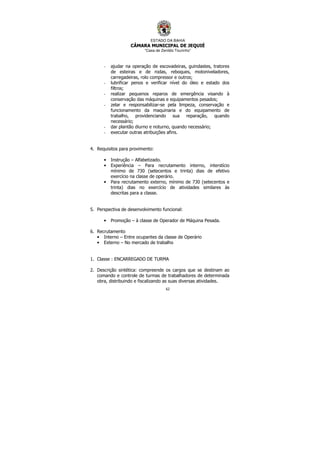ESTADO DA BAHIA
CÂMARA MUNICIPAL DE JEQUIÉ
“Casa de Zenildo Tourinho”
62
- ajudar na operação de escovadeiras, guindastes, tratores
de esteiras e de rodas, reboques, motoniveladores,
carregadeiras, rolo compressor e outros;
- lubrificar penos e verificar nível do óleo e estado dos
filtros;
- realizar pequenos reparos de emergência visando à
conservação das máquinas e equipamentos pesados;
- zelar e responsabilizar-se pela limpeza, conservação e
funcionamento da maquinaria e do equipamento de
trabalho, providenciando sua reparação, quando
necessário;
- dar plantão diurno e noturno, quando necessário;
- executar outras atribuições afins.
4. Requisitos para provimento:
• Instrução – Alfabetizado.
• Experiência – Para recrutamento interno, interstício
mínimo de 730 (setecentos e trinta) dias de efetivo
exercício na classe de operário.
• Para recrutamento externo, mínimo de 730 (setecentos e
trinta) dias no exercício de atividades similares às
descritas para a classe.
5. Perspectiva de desenvolvimento funcional:
• Promoção – à classe de Operador de Máquina Pesada.
6. Recrutamento
• Interno – Entre ocupantes da classe de Operário
• Externo – No mercado de trabalho
1. Classe : ENCARREGADO DE TURMA
2. Descrição sintética: compreende os cargos que se destinam ao
comando e controle de turmas de trabalhadores de determinada
obra, distribuindo e fiscalizando as suas diversas atividades.
 