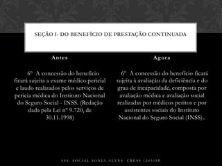  § 6º  A concessão do benefício ficará sujeita a exame médico pericial e laudo realizados pelos serviços de perícia médica do Instituto Nacional do Seguro Social - INSS. (Redação dada pela Lei nº 9.720, de 30.11.1998)§ 6º  A concessão do benefício ficará sujeita à avaliação da deficiência e do grau de incapacidade, composta por avaliação médica e avaliação social realizadas por médicos peritos e por assistentes sociais do Instituto Nacional do Seguro Social (INSS)..Antes AgoraAss. Social Sonia Alves  CRESS 12051spSEÇÃO I- Do Benefício de Prestação Continuada