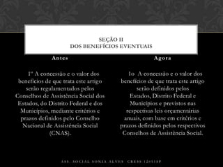  § 1º A concessão e o valor dos benefícios de que trata este artigo serão regulamentados pelos Conselhos de Assistência Social dos Estados, do Distrito Federal e dos Municípios, mediante critérios e prazos definidos pelo Conselho Nacional de Assistência Social (CNAS).§ 1o  A concessão e o valor dos benefícios de que trata este artigo serão definidos pelos Estados, Distrito Federal e Municípios e previstos nas respectivas leis orçamentárias anuais, com base em critérios e prazos definidos pelos respectivos Conselhos de Assistência Social.Antes AgoraAss. Social Sonia Alves  CRESS 12051spSEÇÃO IIDos Benefícios Eventuais